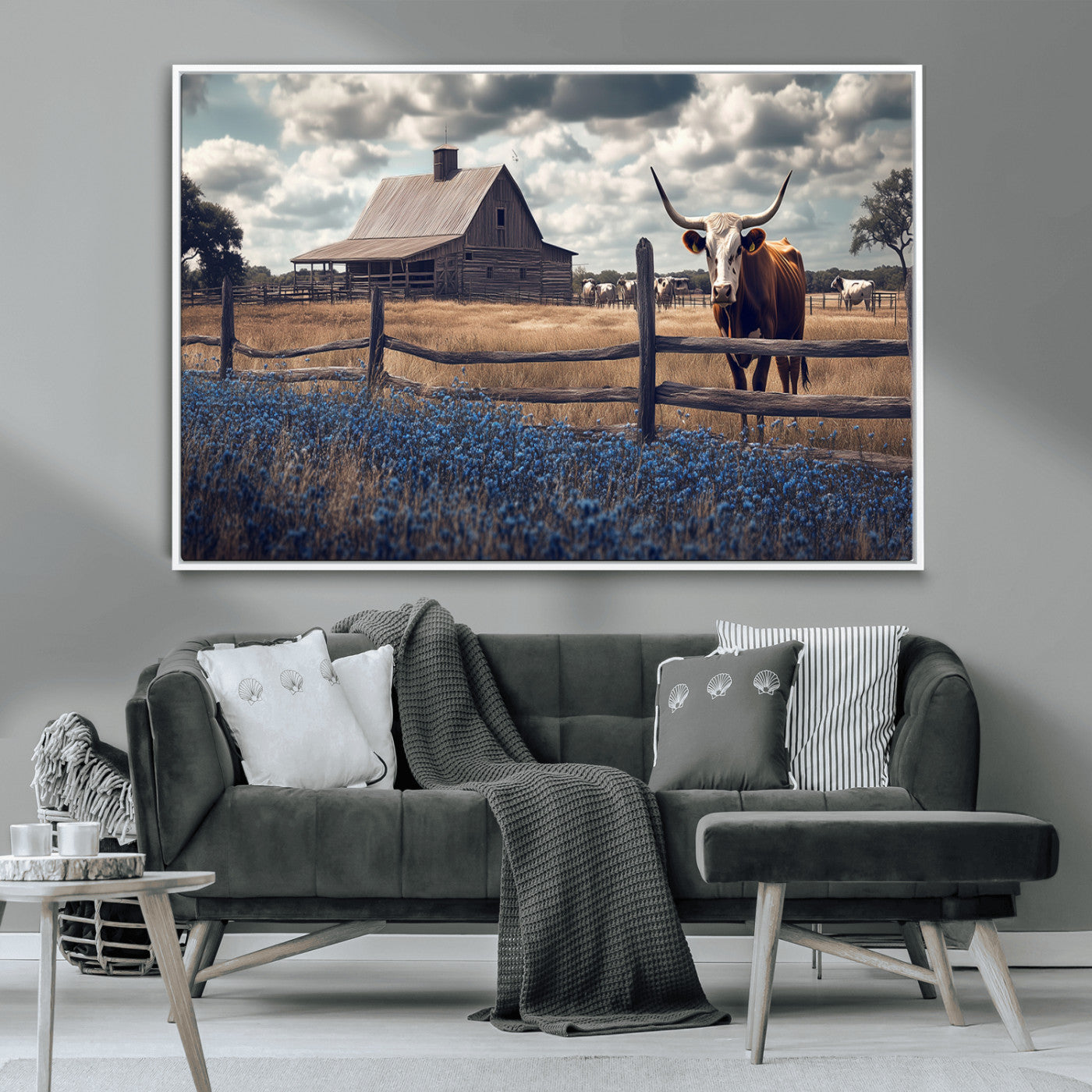 51092814-MGV-CV-36X24-Texas Longhorn Wall Art Wall Art Canvas Print, Framed Rustic Barn Canvas Art Picture Print, Farmhouse Cow Decor Perfect Rustic