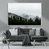 55968349-MGV-CV-36X24-Misty Mountains Wall Art Canvas Print, Framed Foggy Forest Art Picture Print, Snowy Peaks Perfect Moody Wilderness Decor Artwork