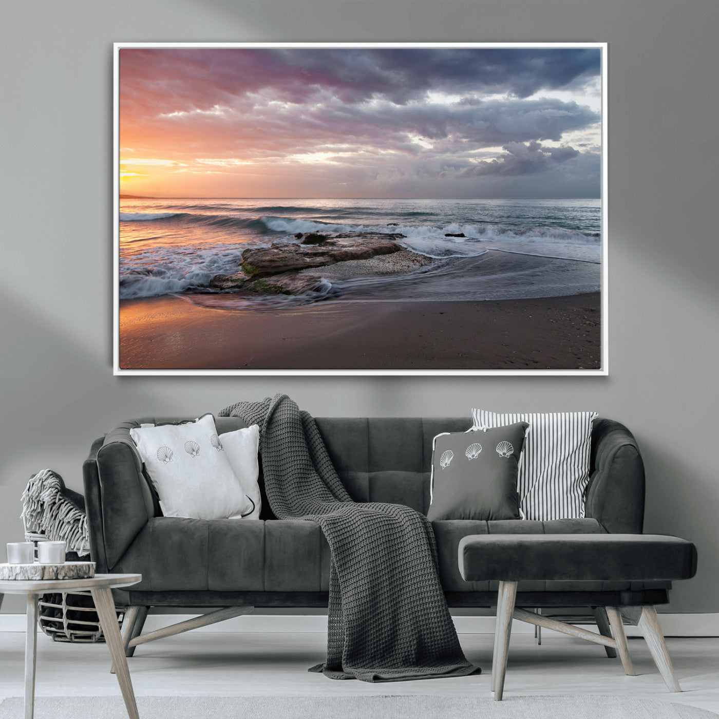 94208089-MGV-FC-36X24_White-Golden Hour Wall Art Canvas Print, Framed Tranquil Waves Art Picture Print, Beach Horizon Perfect Coastal Serenity Decor Artwork