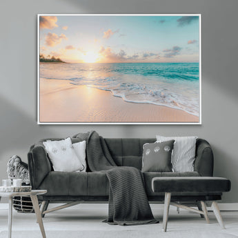 94538225-MGV-CV-36X24-Beach Sunset Wall Art Canvas Print, Framed Ocean Waves Art Picture Print, Summer Escape Perfect Coastal Serenity Decor Artwork