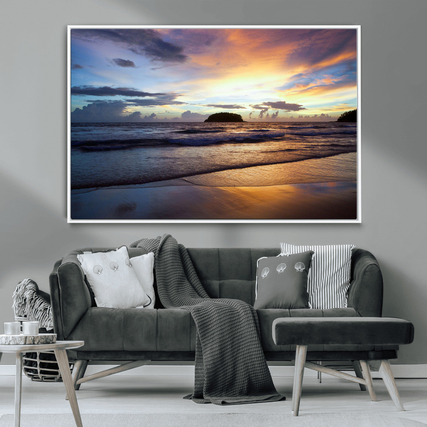 36714356-MGV-CV-36X24-Beach Sunset Wall Art Canvas Print, Framed Ocean Waves Art Picture Print, Tropical Seascape Perfect Coastal Serenity Decor Artwork