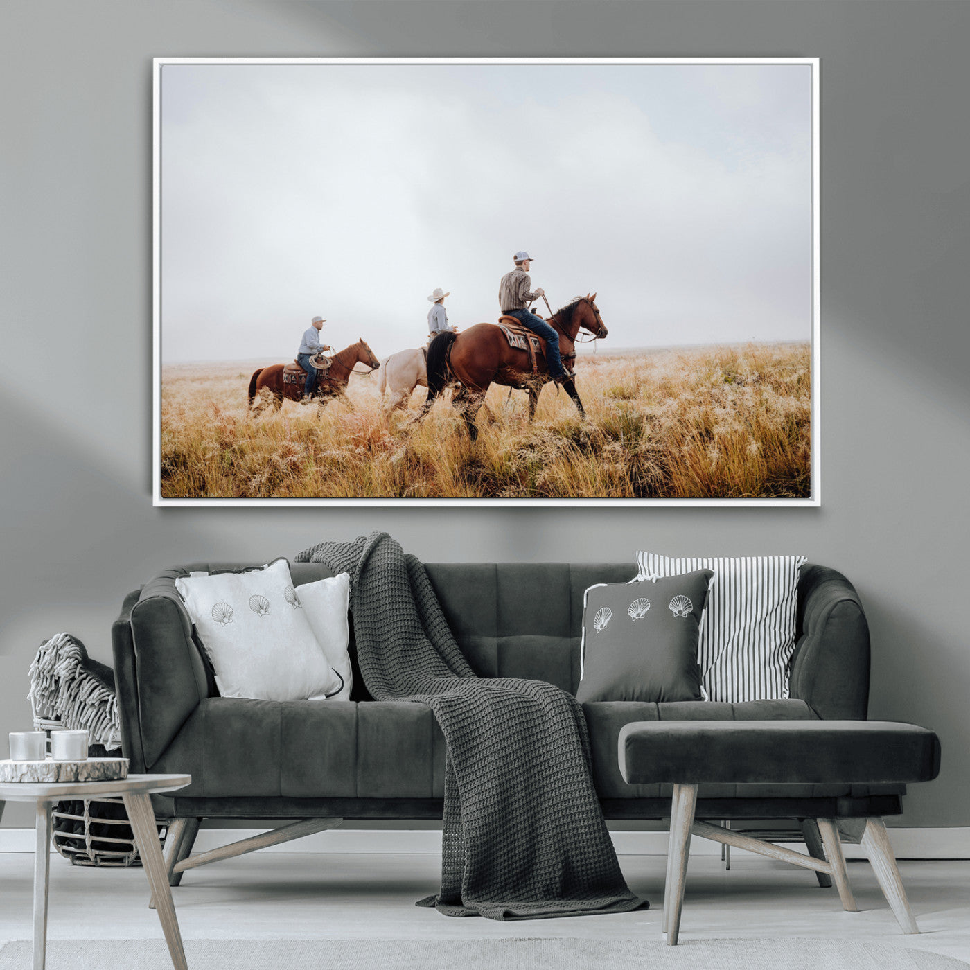 94723307-MGV-CV-36X24-Western Cowboys Wall Art Canvas Print, Framed Rustic Prairie Art Picture Print, Horseback Riding Perfect Rustic Western Decor