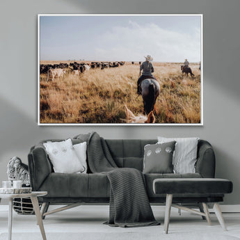 22431577-MGV-CV-36X24-Western Wall Art Wall Art Canvas Print, Framed Cowboy Canvas Art Picture Print, Cattle Drive Scene Perfect Rustic Western Decor