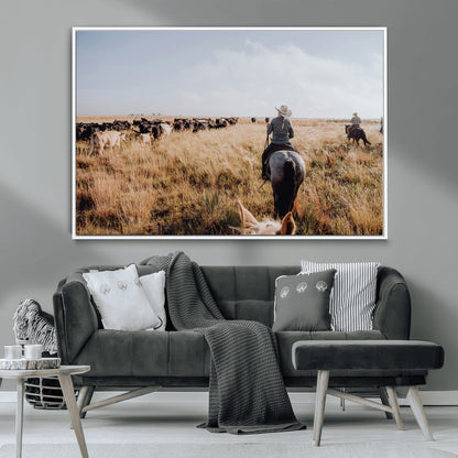 22431577-MGV-CV-36X24-Western Wall Art Wall Art Canvas Print, Framed Cowboy Canvas Art Picture Print, Cattle Drive Scene Perfect Rustic Western Decor
