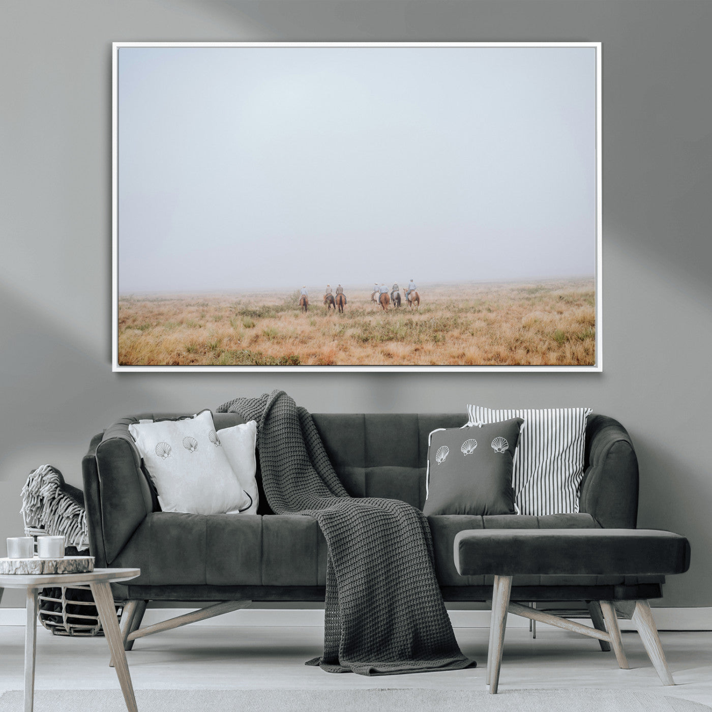 14761944-MGV-CV-36X24-Foggy Plains Wall Art Canvas Print, Framed Horseback Riders Art Picture Print, Rustic Western Perfect Rustic Western Decor Artwork