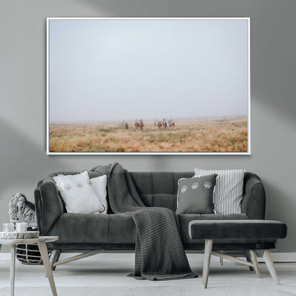 14761944-MGV-CV-36X24-Foggy Plains Wall Art Canvas Print, Framed Horseback Riders Art Picture Print, Rustic Western Perfect Rustic Western Decor Artwork