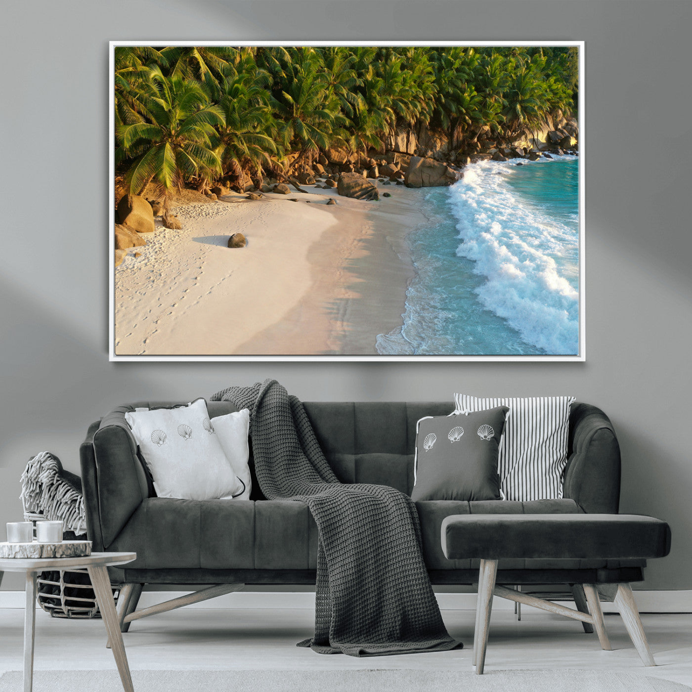 82312665-MGV-CV-36X24-Tropical Beach Wall Art Canvas Print, Framed Ocean Waves Art Picture Print, Palm Trees Perfect Coastal Minimalist Decor Artwork