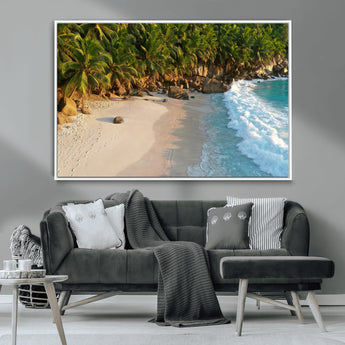 82312665-MGV-CV-36X24-Tropical Beach Wall Art Canvas Print, Framed Ocean Waves Art Picture Print, Palm Trees Perfect Coastal Minimalist Decor Artwork