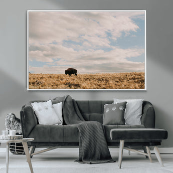22754563-MGV-CV-36X24-Earthy Tones Wall Art Canvas Print, Framed Rustic Nature Art Picture Print, Solitary Buffalo Perfect Western Minimalist Decor
