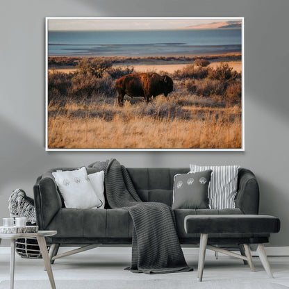 39509187-MGV-CV-36X24-Western Wildlife Wall Art Canvas Print, Framed Bison Art Picture Print, Golden Hour Perfect Western Rustic Decor Artwork