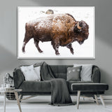 94261165-MGV-CV-36X24-Snowy Buffalo Wall Art Canvas Print, Framed Wildlife Photography Art Picture Print, Brown Tones Perfect Rustic Lodge Decor Decor