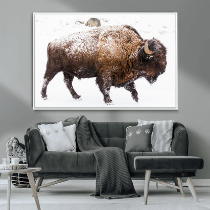 94261165-MGV-CV-36X24-Snowy Buffalo Wall Art Canvas Print, Framed Wildlife Photography Art Picture Print, Brown Tones Perfect Rustic Lodge Decor Decor