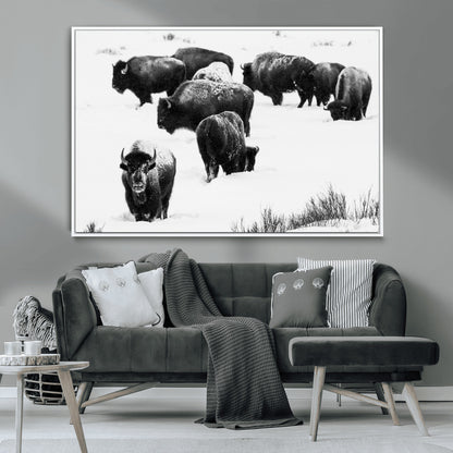 18914414-MGV-CV-36X24-Buffalo Herd Wall Art Canvas Print, Framed Black and White Art Picture Print, Snowy Landscape Perfect Rustic Lodge Decor Decor