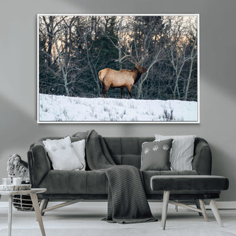 36533178-MGV-CV-36X24-Wild Elk Photography Wall Art Canvas Print, Framed Winter Wildlife Art Picture Print, Snowy Forest Perfect Rustic Lodge Decor
