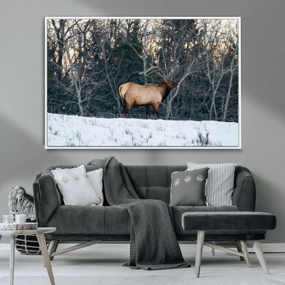 36533178-MGV-CV-36X24-Wild Elk Photography Wall Art Canvas Print, Framed Winter Wildlife Art Picture Print, Snowy Forest Perfect Rustic Lodge Decor
