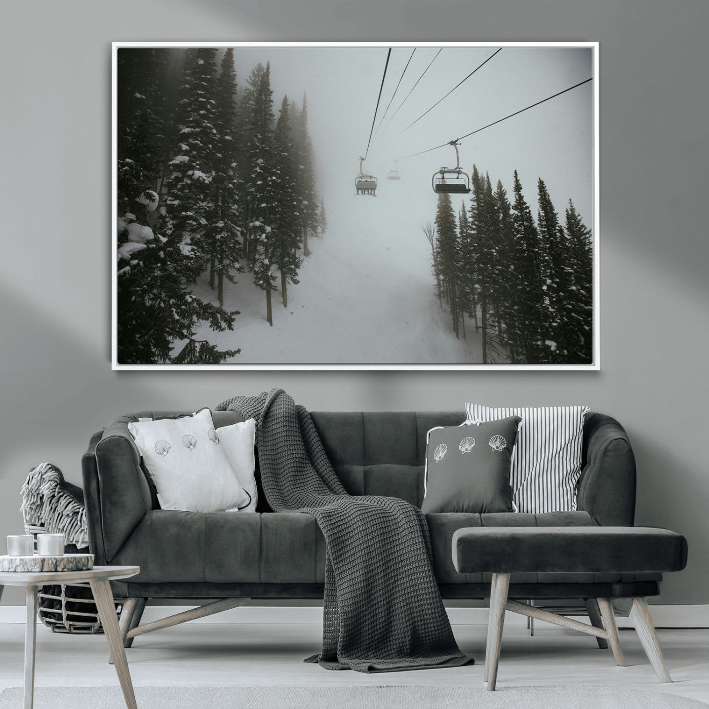 87018452-MGV-CV-36X24-Ski Lift Wall Art Canvas Print, Framed Snowy Pines Art Picture Print, Misty Landscape Perfect Winter Serenity Decor Artwork