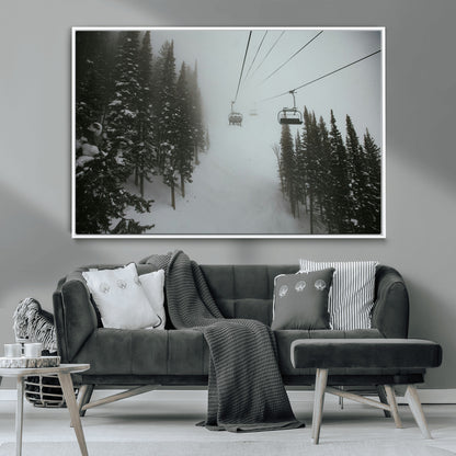 87018452-MGV-CV-36X24-Ski Lift Wall Art Canvas Print, Framed Snowy Pines Art Picture Print, Misty Landscape Perfect Winter Serenity Decor Artwork
