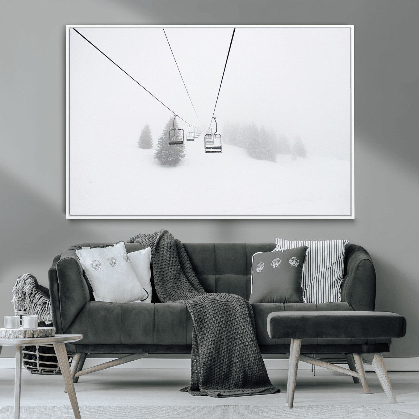 20216390-MGV-CV-36X24-Ski Lift Wall Art Canvas Print, Framed Snowy Landscape Art Picture Print, Alpine Adventure Perfect Nordic Minimalist Decor Artwork