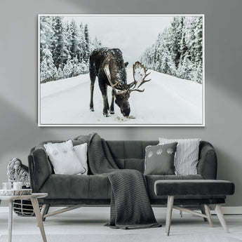 13316292-MGV-CV-36X24-Moose in Snow Wall Art Canvas Print, Framed Winter Wildlife Art Picture Print, Snowy Forest Scene Perfect Rustic Lodge Decor
