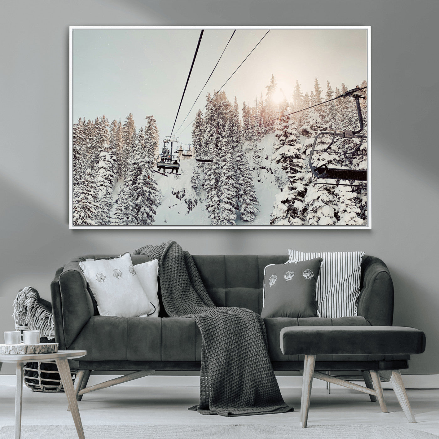 91534512-MGV-CV-36X24-Frosty Pines Wall Art Canvas Print, Framed Cozy Cabin View Art Picture Print, Ski Lift Ride Perfect Rustic Lodge Decor Artwork