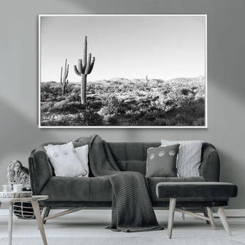 85205054-MGV-CV-36X24-Saguaro Cactus Wall Art Canvas Print, Framed Monochrome Landscape Art Picture Print, Scenic Arizona View Perfect Minimalist