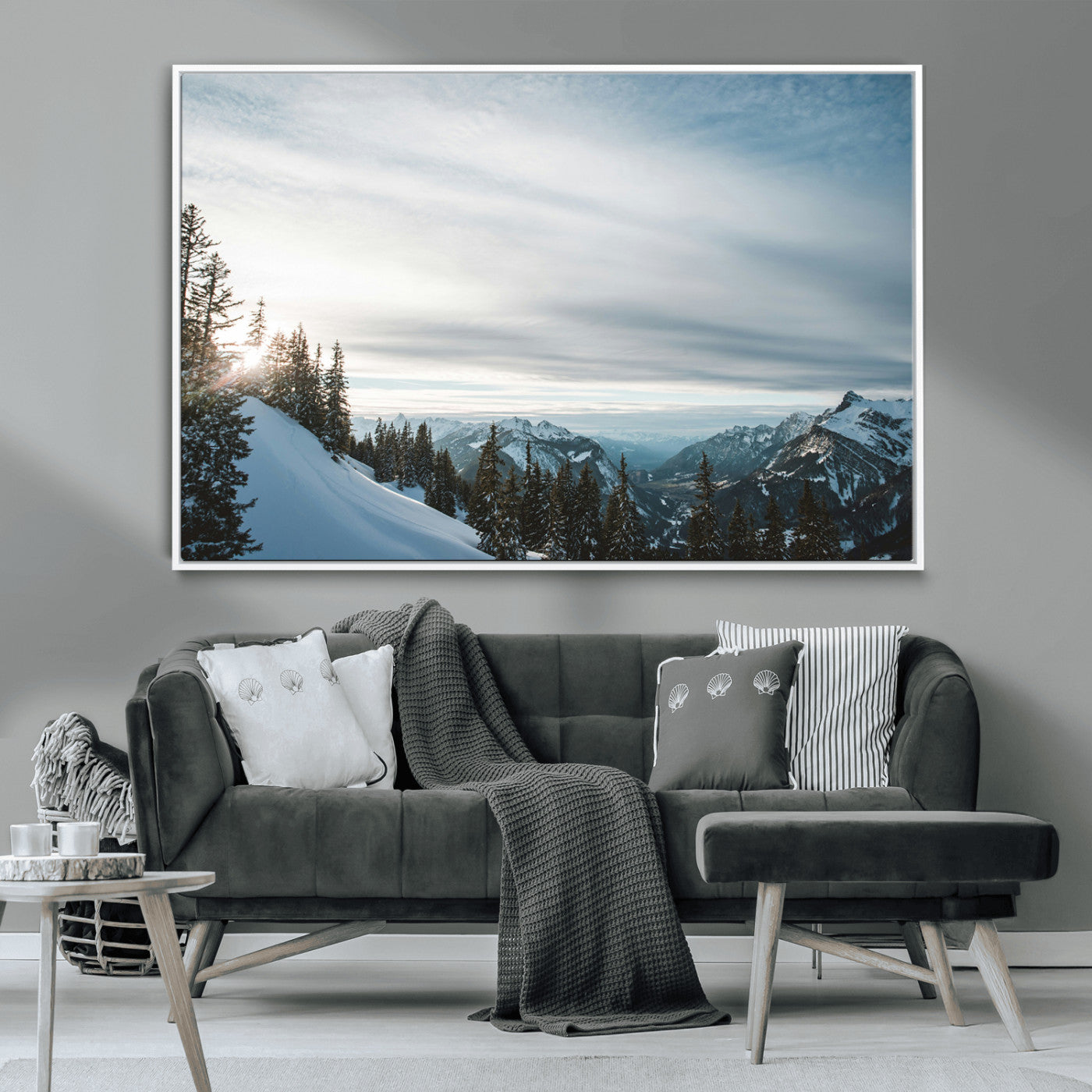55564749-MGV-CV-36X24-Snowy Mountains Wall Art Canvas Print, Framed Alpine Landscape Art Picture Print, Frosty Peaks Perfect Nordic Minimalist Decor