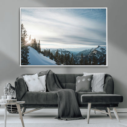 55564749-MGV-CV-36X24-Snowy Mountains Wall Art Canvas Print, Framed Alpine Landscape Art Picture Print, Frosty Peaks Perfect Nordic Minimalist Decor