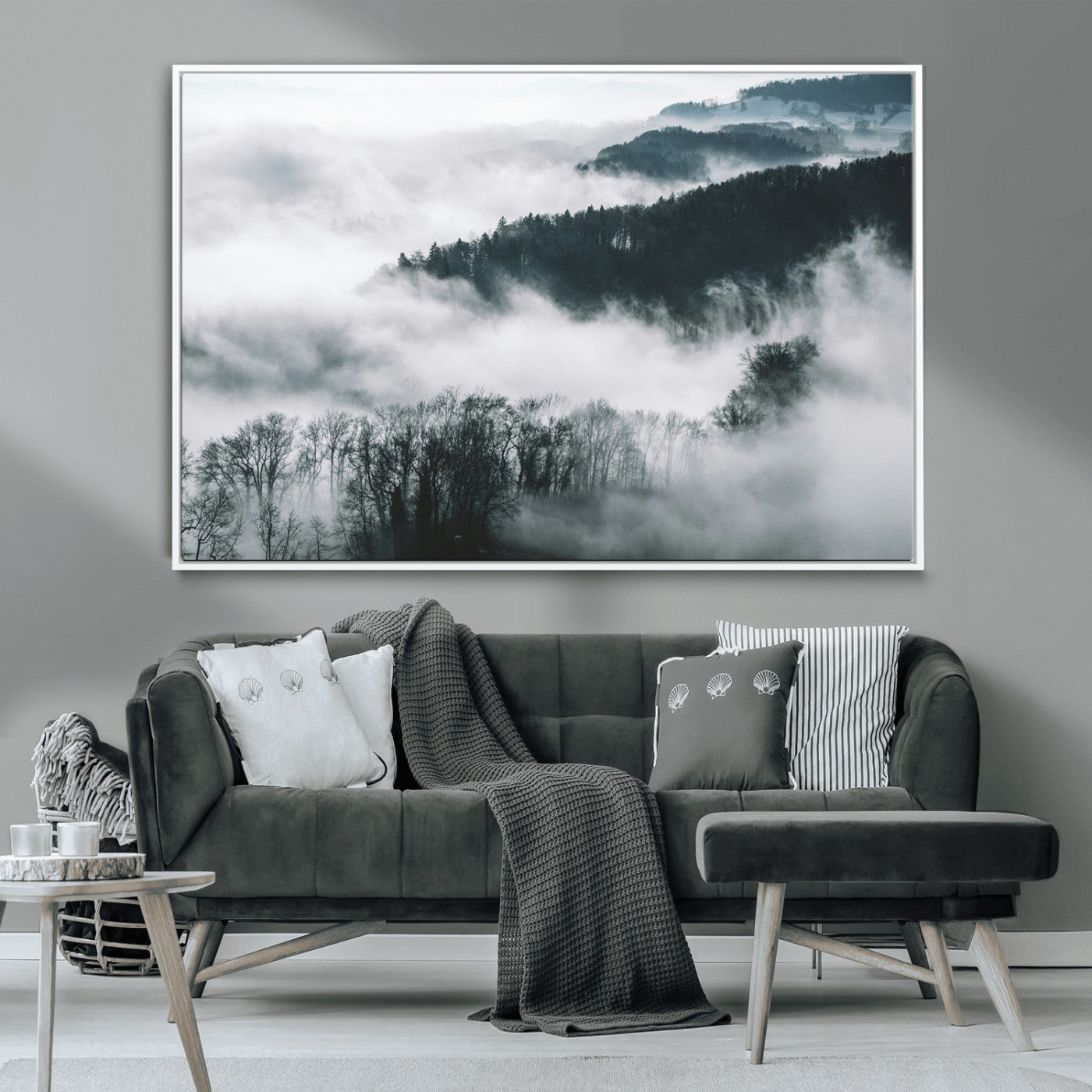 67569654-MGV-CV-36X24-Foggy Forest Wall Art – Mist Covered Hills and Trees Landscape Canvas Print, Moody Nature Photography Decor for Living Room,