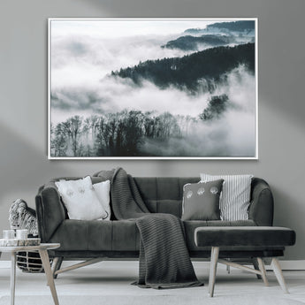 67569654-MGV-CV-36X24-Foggy Forest Wall Art – Mist Covered Hills and Trees Landscape Canvas Print, Moody Nature Photography Decor for Living Room,