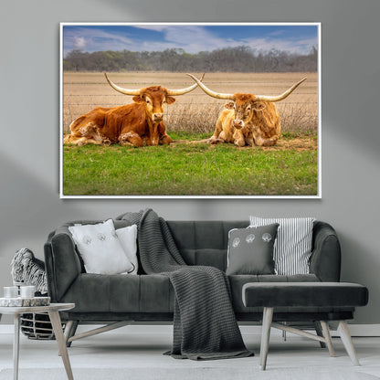 54598515-MGV-CV-36X24-Texas Longhorns Wall Art – Rustic Cattle Ranch Canvas Print, Western Farmhouse Animal Photography Decor for Living Room, Office,
