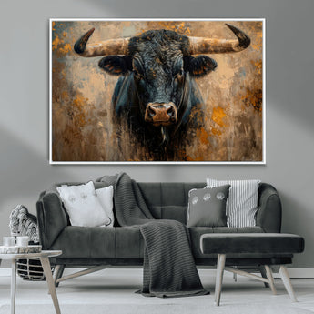 91615410-MGV-CV-36X24-Bull Wall Art – Rustic Western Longhorn Canvas Print, Powerful Abstract Animal Painting, Farmhouse Ranch Decor for Living Room,