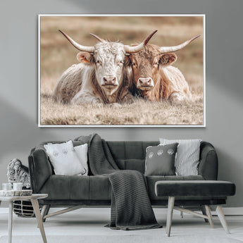 38651722-MGV-CV-36X24-Cow Wall Art – Rustic Longhorn Pair Canvas Print, Western Farmhouse Animal Painting, Country Ranch Decor for Living Room, Bedroom,