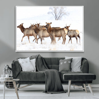 41416314-MGV-CV-36X24-Elk Wall Art – Wildlife Herd Canvas Print in Snowy Landscape, Rustic Nature Painting, Western Cabin Lodge Decor for Living Room,