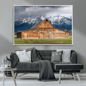 15173627-MGV-CV-36X24-Barn Wall Art – Rustic Wooden Cabin Canvas Print with Snowy Mountain Landscape, Western Farmhouse Country Decor for Living Room,