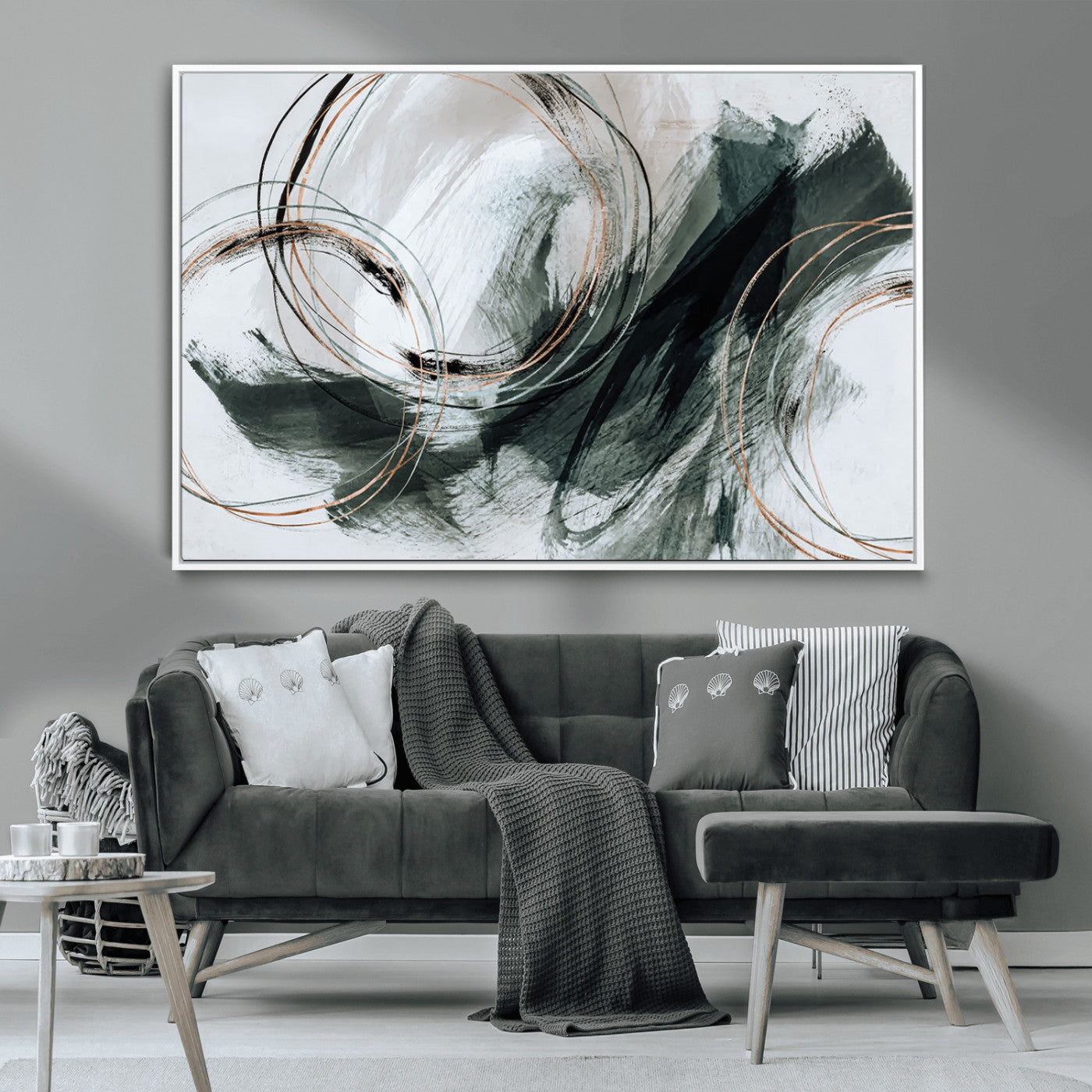 86583265-SEG-FC-90X60_Oversize_Oversize-Black and Gray Abstract Wall Art – Modern Copper Circle Canvas Print, Contemporary Minimalist Painting for Living Room, Bedroom,