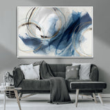49589477-MGV-CV-36X24-Blue Abstract Wall Art – Modern Circle Canvas Print with Gold and Black Accents, Contemporary Fluid Brushstroke Painting for