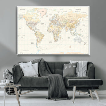 40660043-MGV-CV-36X24-World Map Wall Art – Large Detailed Atlas Style Map Print with Countries, Cities, and Oceans, Neutral Beige and Tan Educational