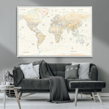 40660043-MGV-CV-36X24-World Map Wall Art – Large Detailed Atlas Style Map Print with Countries, Cities, and Oceans, Neutral Beige and Tan Educational