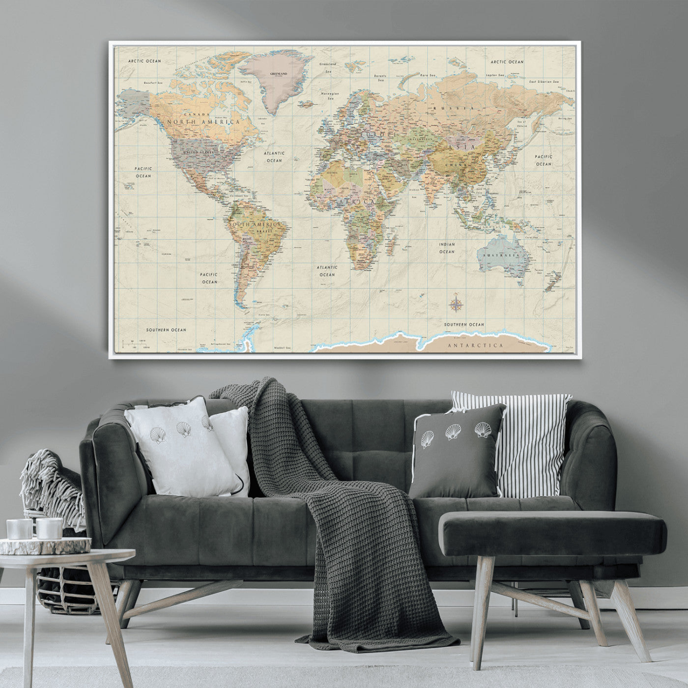 41929777-MGV-CV-36X24-World Map Wall Art – Large Detailed Political Atlas Style Map Print with Countries, Cities, and Oceans, Warm Earth Tone