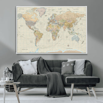 41929777-MGV-CV-36X24-World Map Wall Art – Large Detailed Political Atlas Style Map Print with Countries, Cities, and Oceans, Warm Earth Tone