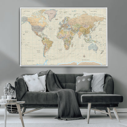 41929777-MGV-CV-36X24-World Map Wall Art – Large Detailed Political Atlas Style Map Print with Countries, Cities, and Oceans, Warm Earth Tone