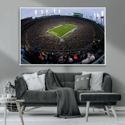 14387817-MGV-CV-36X24-Lambeau Field Stadium Wall Art – Green Bay Packers Game Day Canvas Print with Fireworks and Crowd – NFL Football Fan Man Cave