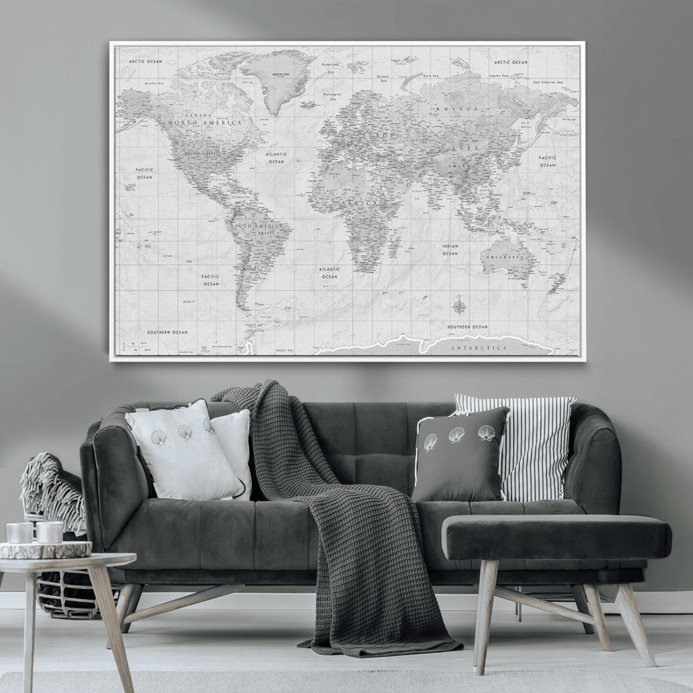 10516725-MGV-CV-36X24-Black and White World Map Wall Art – Minimalist Grayscale Canvas Print – Modern Detailed Travel Map Poster for Home, Office, or