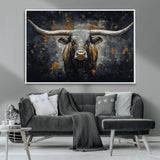 93195031-MGV-CV-36X24-Dark Longhorn Bull Wall Art – Western Steer Canvas Print, Moody Rustic Animal Painting for Man Cave, Ranch House, Office or Modern