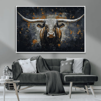 93195031-MGV-CV-36X24-Dark Longhorn Bull Wall Art – Western Steer Canvas Print, Moody Rustic Animal Painting for Man Cave, Ranch House, Office or Modern