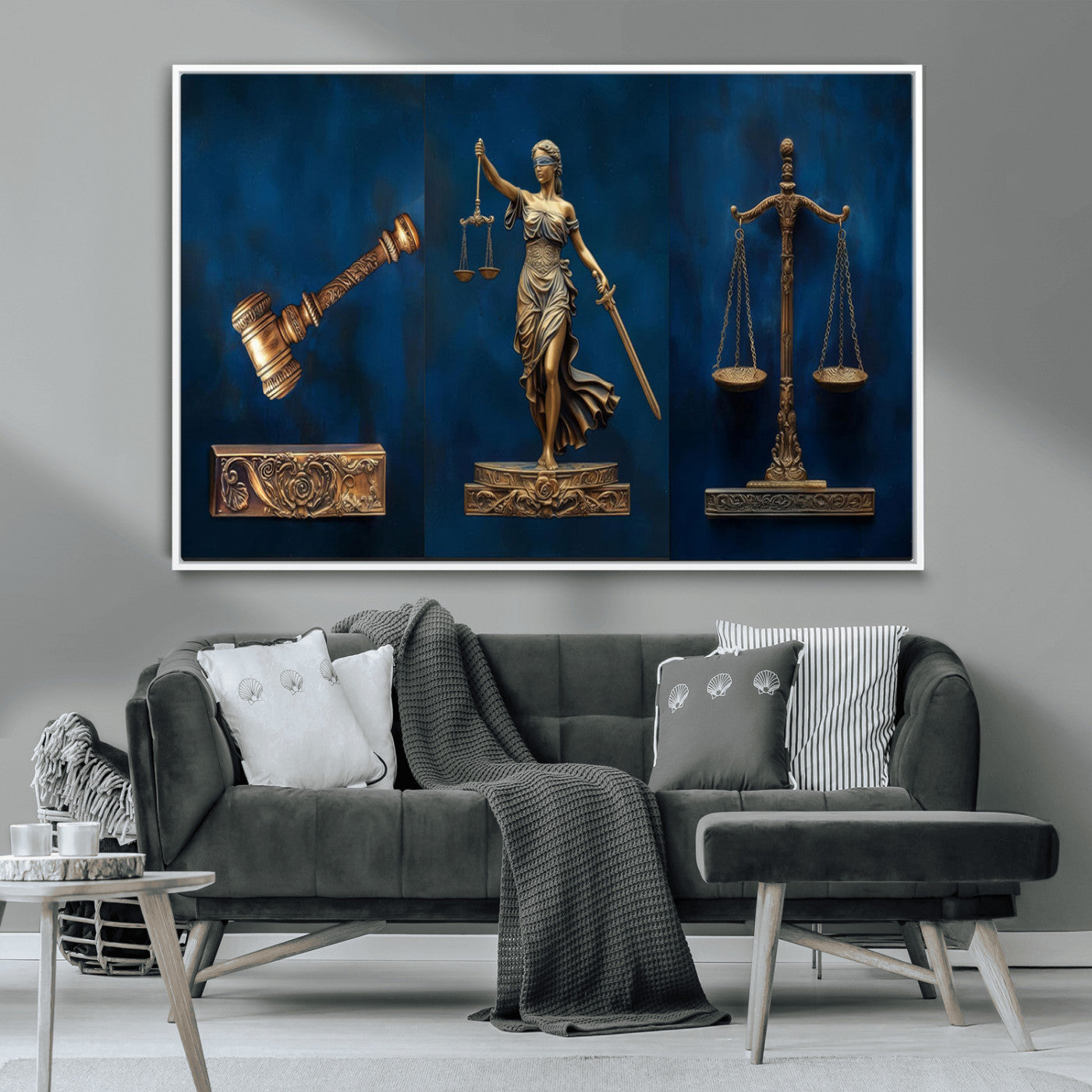91629053-MGV-CV-36X24-Lady Justice Wall Art – Golden Gavel and Scales Canvas Print, Elegant Legal Office Decor for Lawyers, Judges, Courtroom or Study