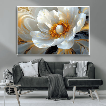 39604126-MGV-CV-36X24-Abstract Flower Wall Art – Elegant White and Gold Bloom Canvas Print, Modern Floral Artwork for Bedroom, Living Room, or Office