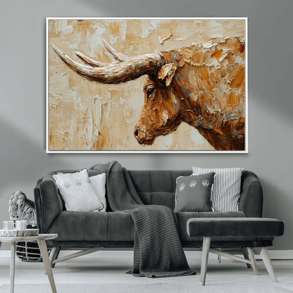 69611428-MGV-CV-36X24-Longhorn Bull Wall Art – Rustic Western Canvas Print, Textured Farmhouse Cattle Painting for Living Room, Office, or Ranch House