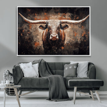 24779067-MGV-CV-36X24-Longhorn Bull Wall Art – Western Rustic Canvas Print, Bold Cowboy Cattle Painting for Ranch House, Farmhouse, Office, or Living