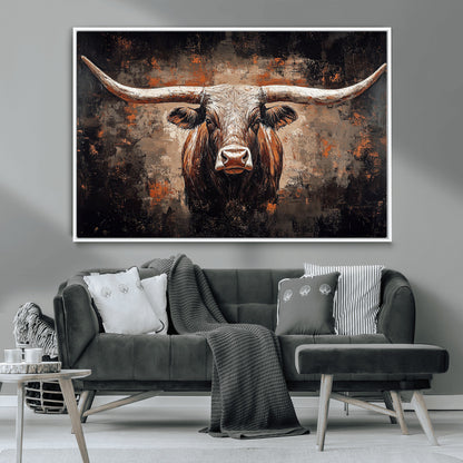 24779067-MGV-CV-36X24-Longhorn Bull Wall Art – Western Rustic Canvas Print, Bold Cowboy Cattle Painting for Ranch House, Farmhouse, Office, or Living